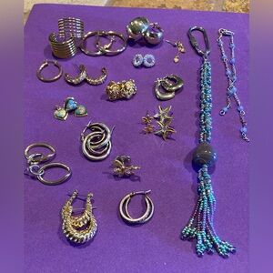 Bundle of costume earrings to include a key ring and a broken bracelet